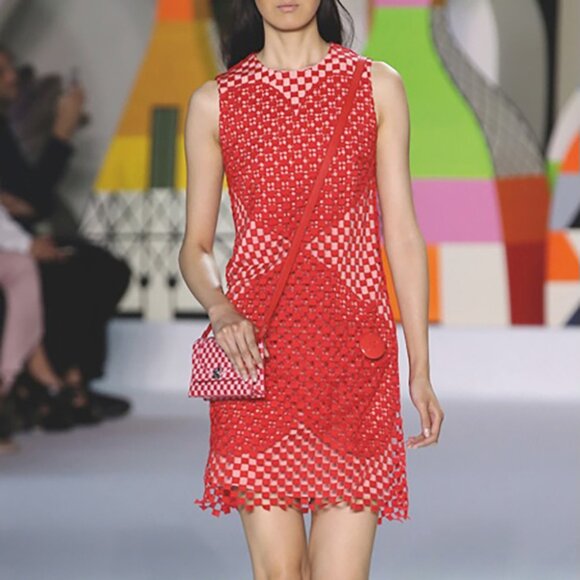 Akris Sansusie Double Heart Check Dress Red Pink Embroidered Grid Squares 6 - Picture 1 of 16
